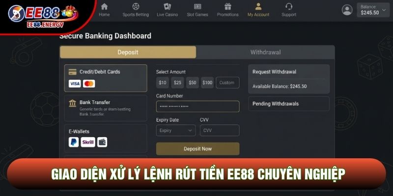 Giao diện xử lý lệnh Rút tiền EE88 chuyên nghiệp